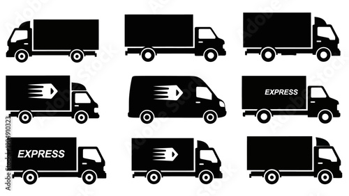 Black silhouette delivery truck and express van icons Simple vector art EPS10 Stock.eps