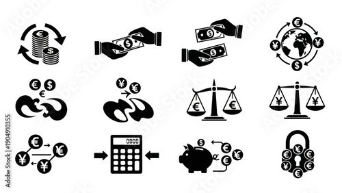 Black Vector Finance Icons Money Currency Exchange Banking and Global Economy.eps