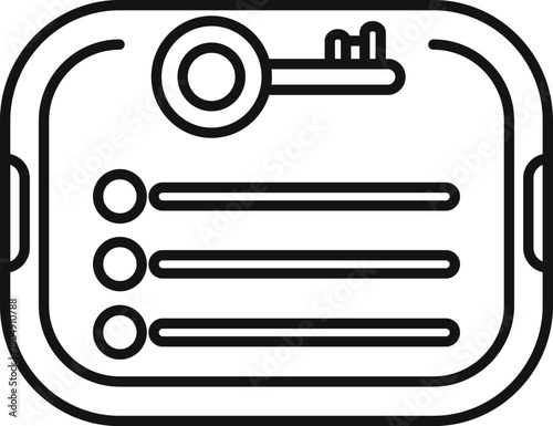 Tablet displaying a key on a screen with a list of information, representing access and security