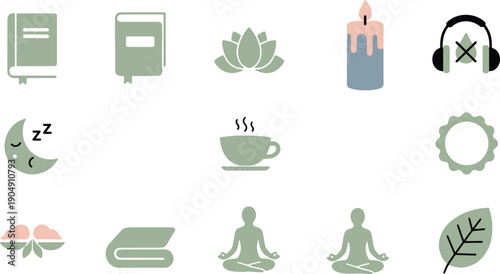Pastel Meditation Yoga and Sleep Icon Set in Flat Style