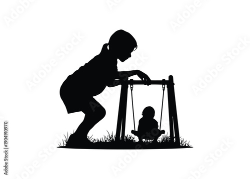 Vector silhouette of a child pushing a baby on a swing, playground activity, black graphic isolated on white
