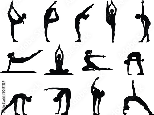 Yoga pose silhouette collection showing flexibility, stretching, balance, and meditation exercises for fitness, wellness, and healthy lifestyle training isolated on white background illustration set.