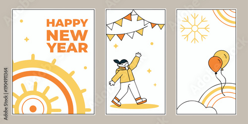 Happy New Year Illustration Set – Minimalist Sunburst, Joyful Ice Skater & Balloon‑Rainbow Panels in Warm Festive Colors