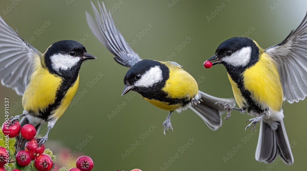 Obraz premium Three yellow and black birds in flight against a blurred green background