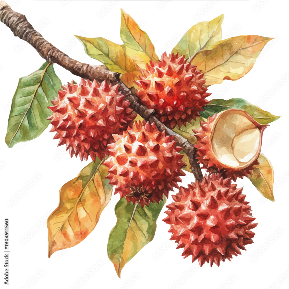 Fototapeta premium Pulasan, playful watercolor vector depicting lively antics and expressive gestures, isolated on a white background.