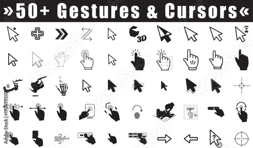 Collection of fifty digital hand gestures and computer cursor icons for user interface design and presentations
