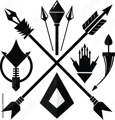 Collection of various arrows and arrowheads