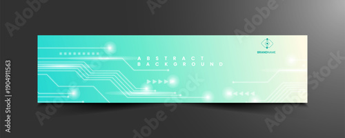 Abstract technology banner design with circuit board patterns and glowing light effects on teal gradient background
