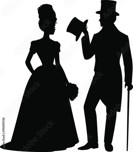 Victorian couple silhouette with elegant gentleman holding top hat and cane, standing with lady in vintage dress. Classic romantic illustration isolated on white background.