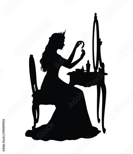 Princess silhouette vector, woman at vanity table with mirror, dressing up, isolated on white