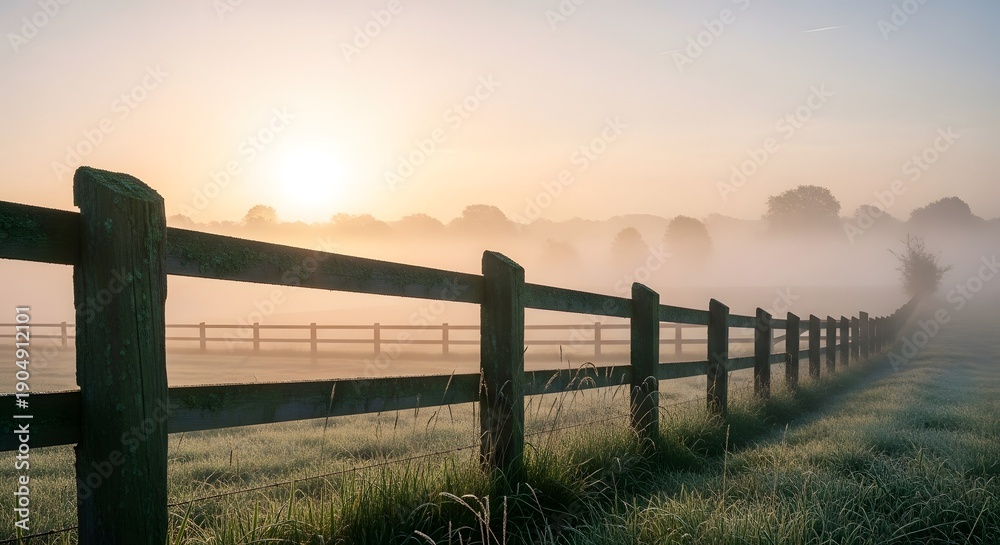Fototapeta premium Wooden fence in a foggy field at sunrise with frosted grass in the foreground and distant trees shrouded in mist