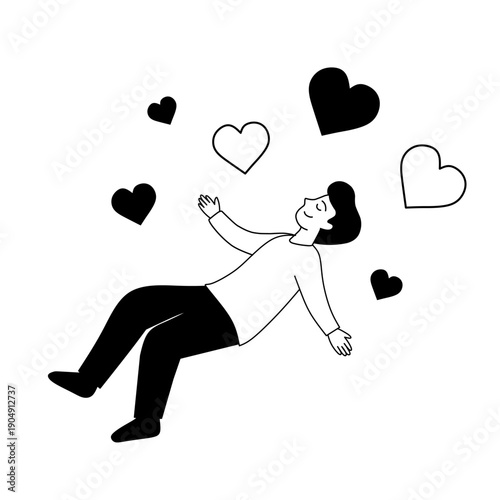 Romantic love emotion illustration. Person surrounded by hearts symbolizing affection and happiness.