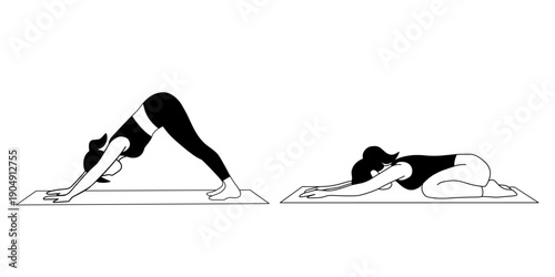 Yoga stretching pose illustration. Wellness exercise silhouette set. Relaxation fitness movement design.