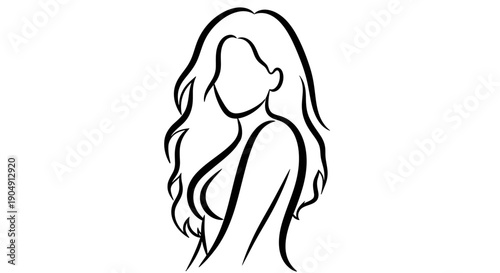 Simple line drawing of a woman with long wavy hair.