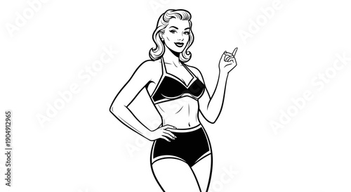 Black and white illustration of a woman in bikini posing confidently.