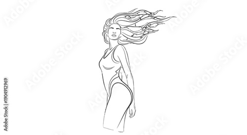 Elegant woman with flowing hair in simple line art.