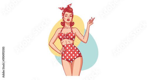 Vintage pin-up girl in red polka dot swimsuit posing playfully.