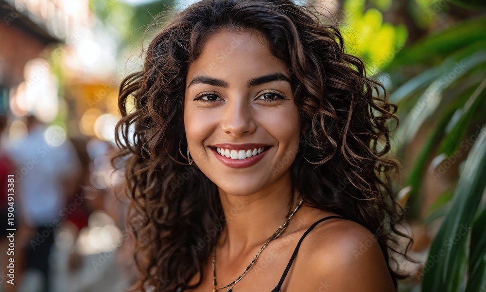 Fototapeta premium Smiling woman with curly hair enjoying a sunny day in a vibrant outdoor street market