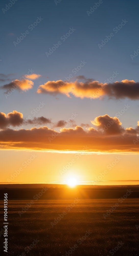 Obraz premium Beautiful background image of a golden sunrise illuminating a vast open landscape and fluffy clouds above the horizon line at morning, orange, blank, template