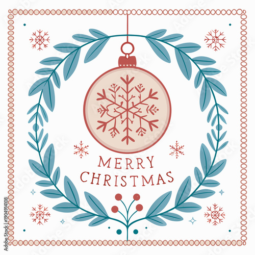 A vector Christmas greeting card with a festive wreath, snowflakes, and cheerful holiday decorations