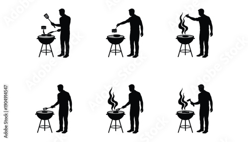 Vector black silhouettes of men grilling BBQ food on a charcoal grill, cooking and serving meat, isolated on white