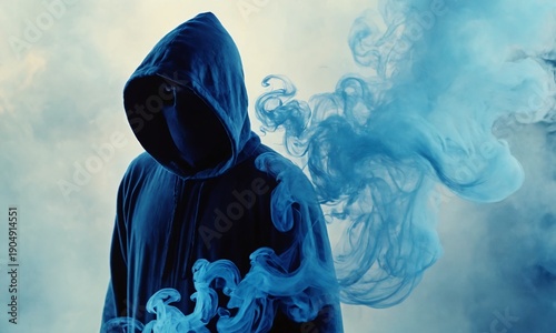 Mysterious figure in a hooded cloak surrounded by blue smoke on an enigmatic backdrop