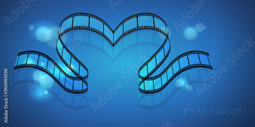Film frame with heart shaped filmstrip and flashing lights on blue background. Movie premiere template. Vector illustration