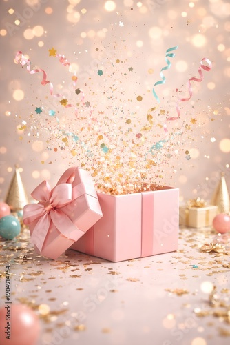3D open pink gift box with gold confetti and stars on soft background