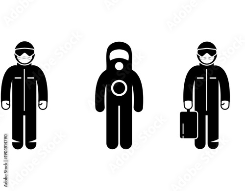Stick figures depicting people in various protective suits and gear for safety and hazardous environments.