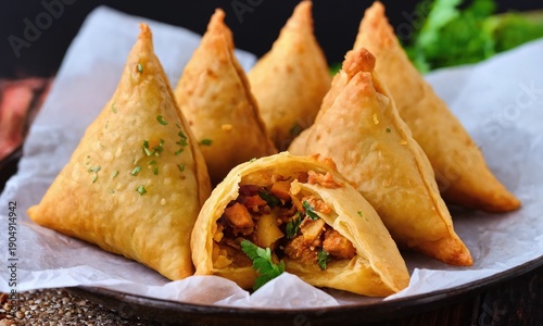 Delicious samosas filled with spiced chicken and herbs served on a plate