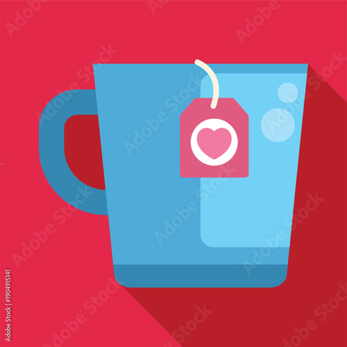 Blue mug holding a tea bag with a heart illustration on a red background