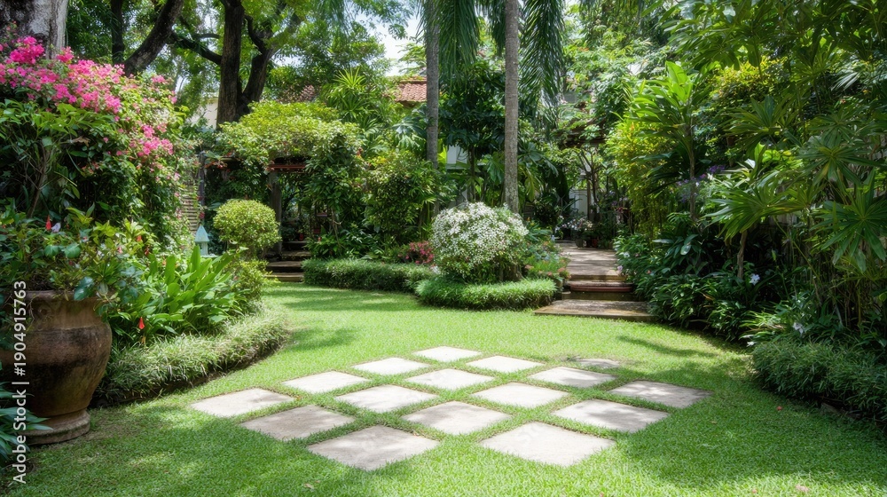 Obraz premium Lush garden scene with green grass flowers and stone pathway