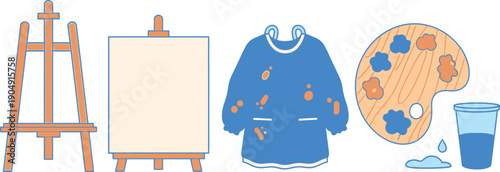 Set of 5 art class essentials wooden easel canvas smock paint palette and water cup flat vector