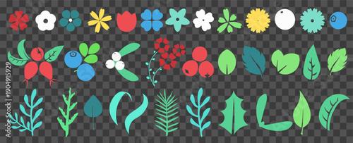 A vibrant assortment of colorful flowers and leaves,decorative layout.