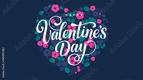 A vibrant heart-shaped design adorned with colorful flowers, featuring the text Happy Valentines Day in elegant script.