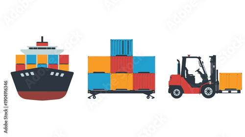 Cargo Ship Transporting Containers with Forklift on Dock