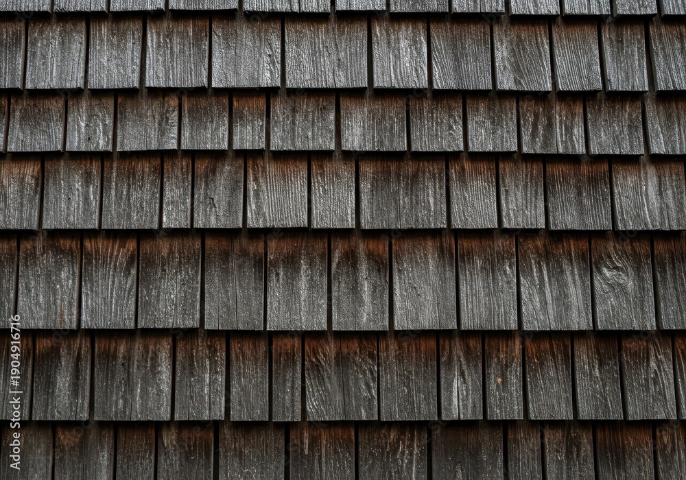 Fototapeta premium Close up abstract texture of old, weathered cedar shakes siding showing deep grain and silver patina suitable for background use, wood, worn, shingle