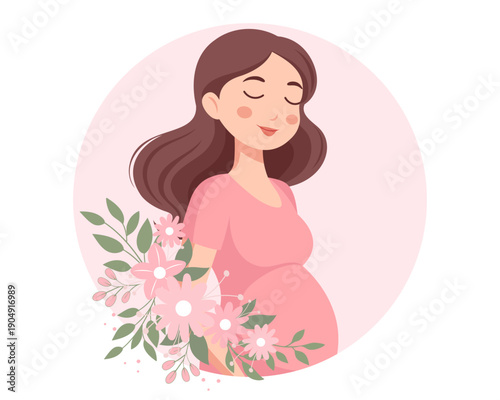 Beautiful expectant mother with with floral accents. Pregnant woman illustration.