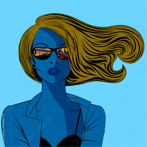 The face of a young beautiful blonde with loose flowing hair in sunglasses with a reflection of the overpass on the highway and the urban landscape. Drawing  is in color engraved and linear style. Ve