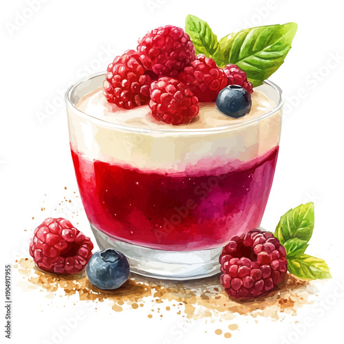 Panna Cotta, colorful watercolor painting with bold outlines, isolated on a white background.