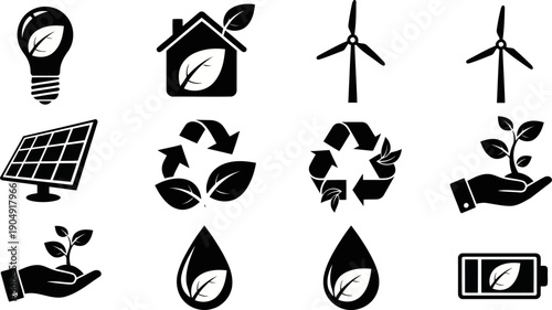 Minimalist Black Vector Icons for Ecology and Sustainability.eps