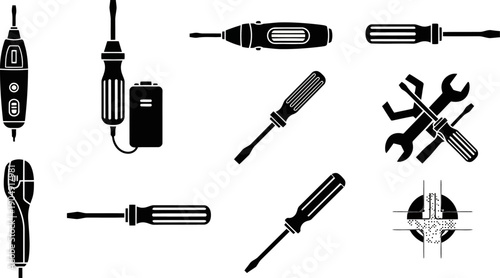 Minimalist black tool silhouettes screwdrivers wrenches and power drills.eps