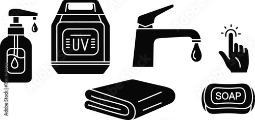Set of hygiene and sanitation icons including uv light