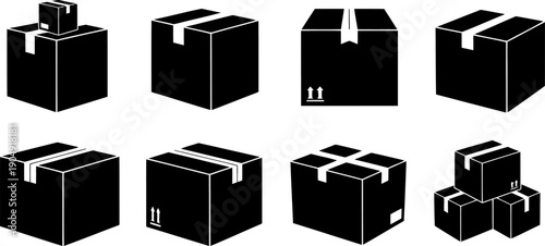 Black Silhouette Shipping Boxes and Packages Vector Icon Set.eps