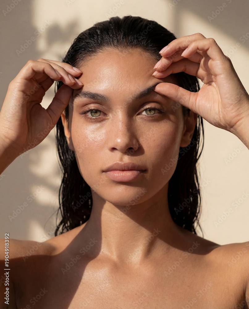 Obraz premium Sunlit dewy skin beauty portrait with freckles and face yoga brow lift gesture 