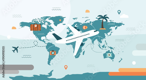 Airplane Flying Over World Map Illustration.