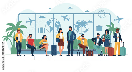 Diverse Travelers Waiting at Airport Terminal.