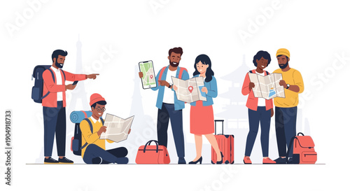 Diverse Group of Travelers with Luggage Checking Maps.