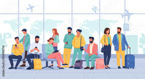 Diverse Group of Travelers Waiting at Airport.