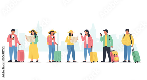Diverse Travelers with Luggage and Smartphones.